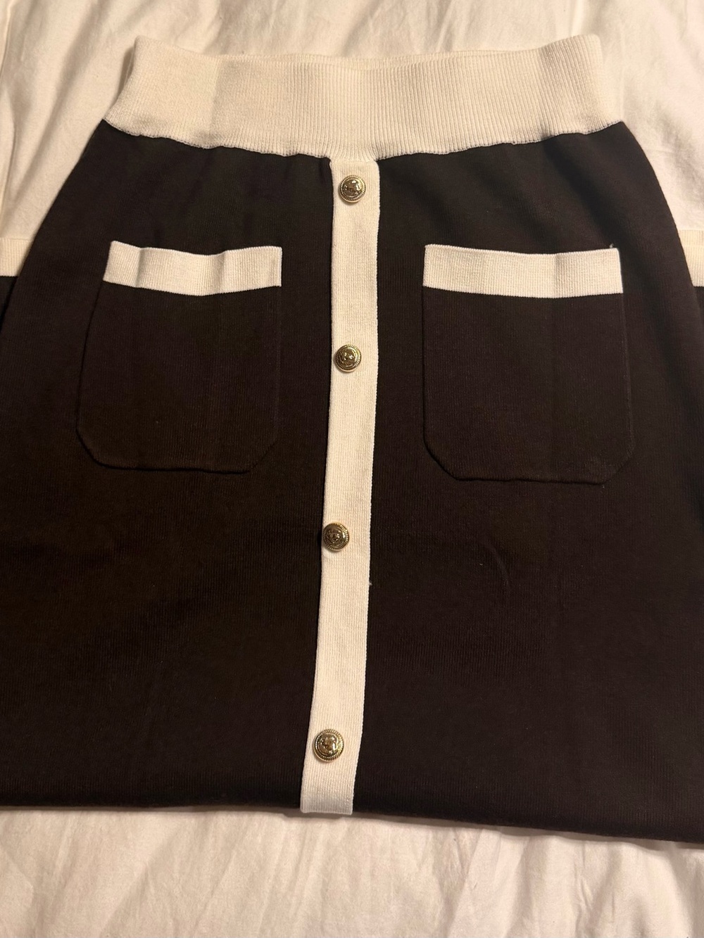 Commense V-Neck Sweater and Button-Front Maxi Skirt Set - Brown & White - Picture 4 of 5